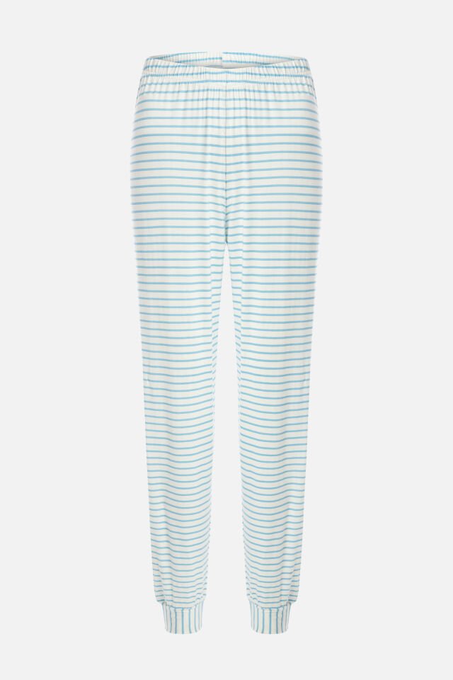 Kadın Mavi Çizgili Manşet Detaylı Jogger Örme Pijama Takımı XL - Mavi - Beyaz