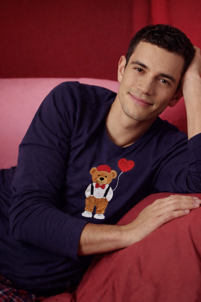 Erkek Pamuklu Ayıcık Baskılı Ekose Desenli Pijama Takımı Kırmızı - Lacivert - S