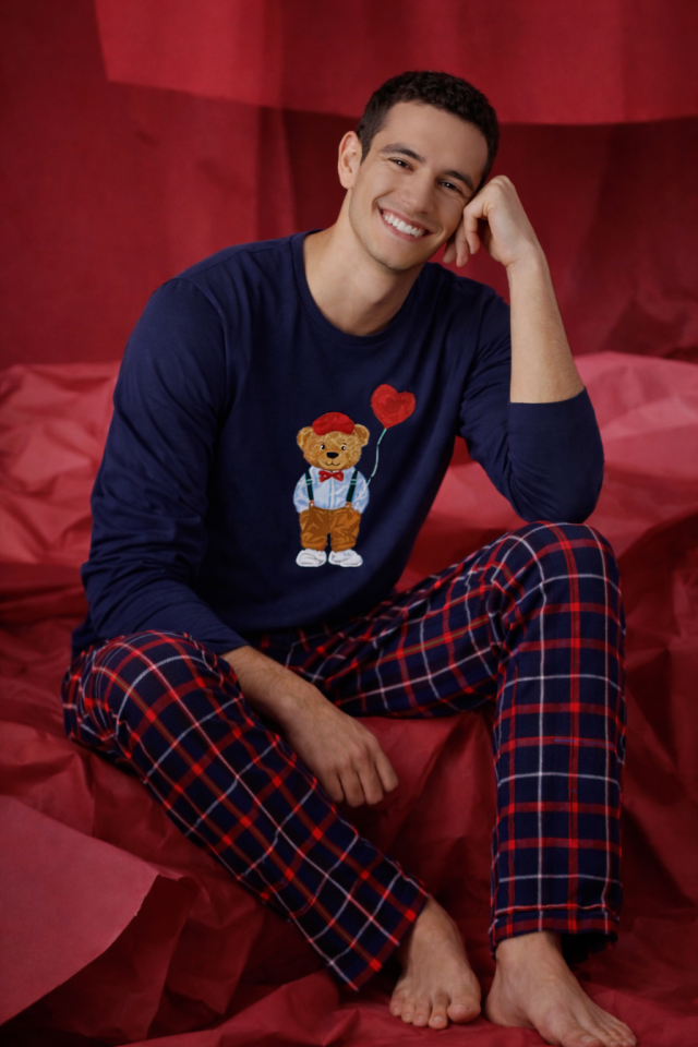 Erkek Pamuklu Ayıcık Baskılı Ekose Desenli Pijama Takımı Kırmızı - Lacivert - L