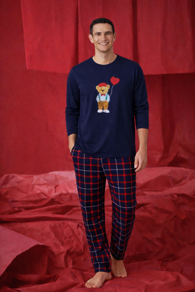 Erkek Pamuklu Ayıcık Baskılı Ekose Desenli Pijama Takımı Kırmızı - Lacivert - L