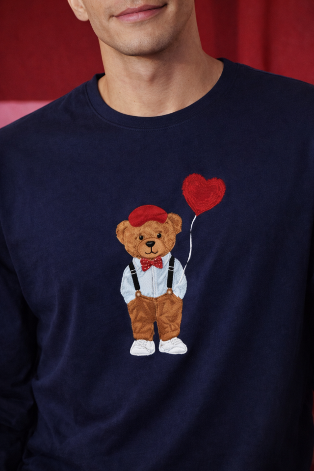 Erkek Pamuklu Ayıcık Baskılı Ekose Desenli Pijama Takımı Kırmızı - Lacivert - L