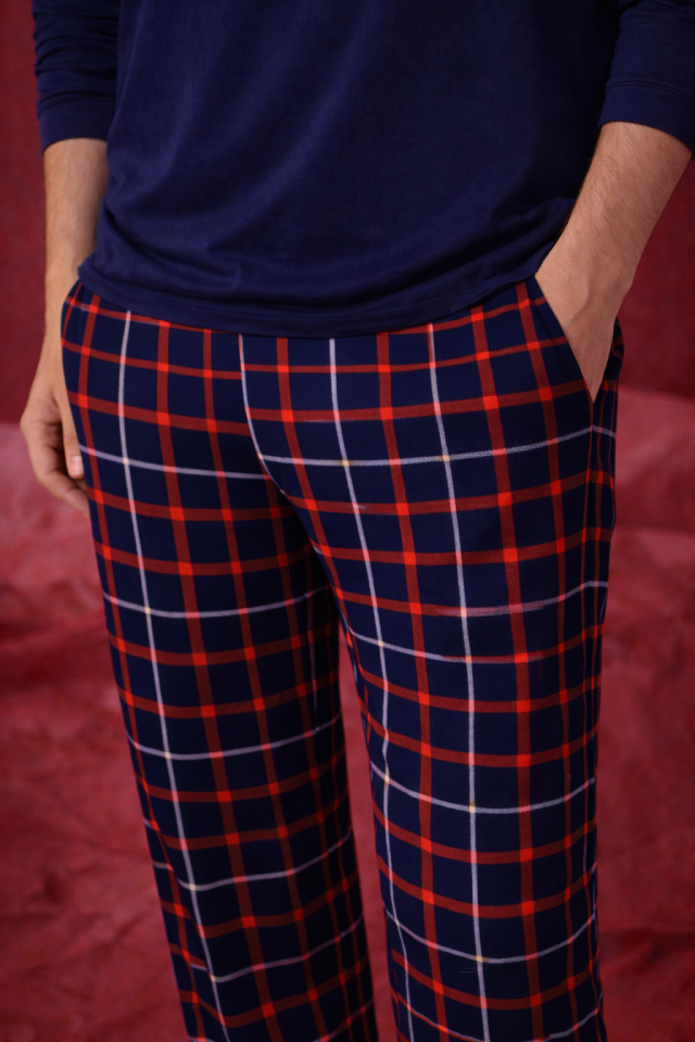 Erkek Pamuklu Ayıcık Baskılı Ekose Desenli Pijama Takımı Kırmızı - Lacivert - L