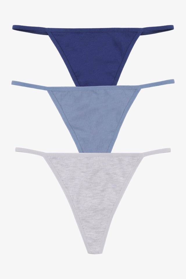 Kadın Pamuklu Basic Tanga Külot 3'lü Paket Mavi - Gri - L/XL