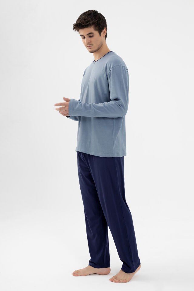 Erkek Pamuklu Double Yaka Uzun Kollu Cep Detaylı Pijama Takımı