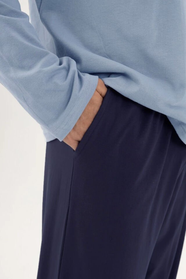 Erkek Pamuklu Double Yaka Uzun Kollu Cep Detaylı Pijama Takımı