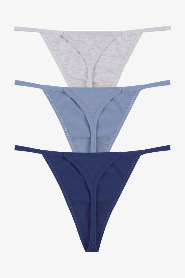 Kadın Pamuklu Basic Tanga Külot 3'lü Paket Mavi - Gri - 2XL