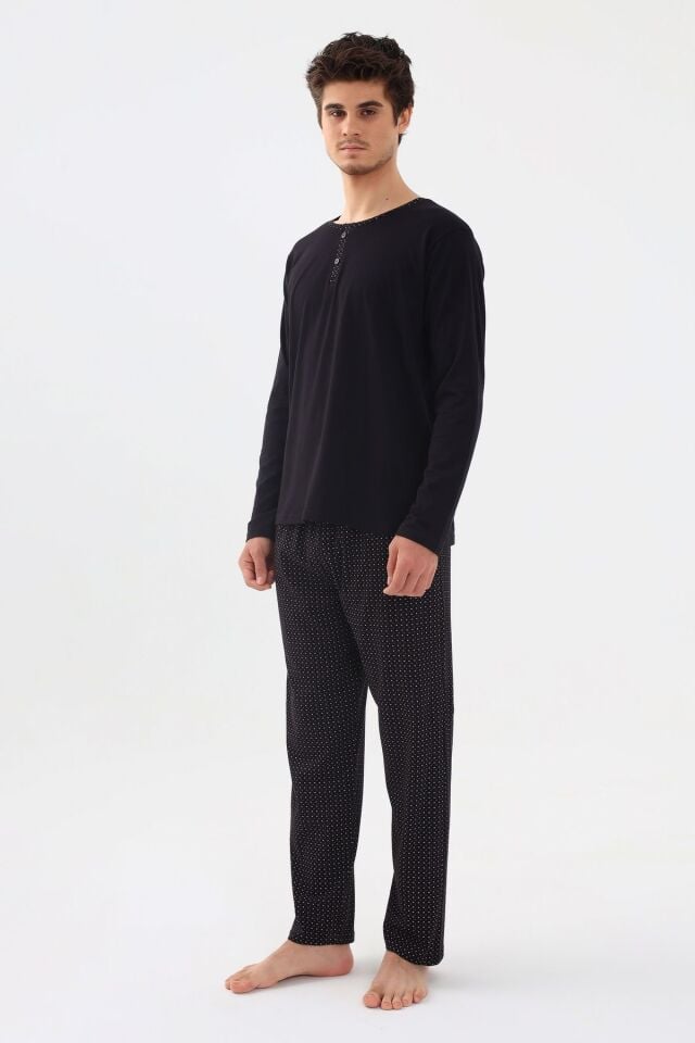 Erkek Pamuklu, Likralı, Yaka Düğmeli Ve Cep Detaylı Pijama Takımı Siyah - M - Siyah - M