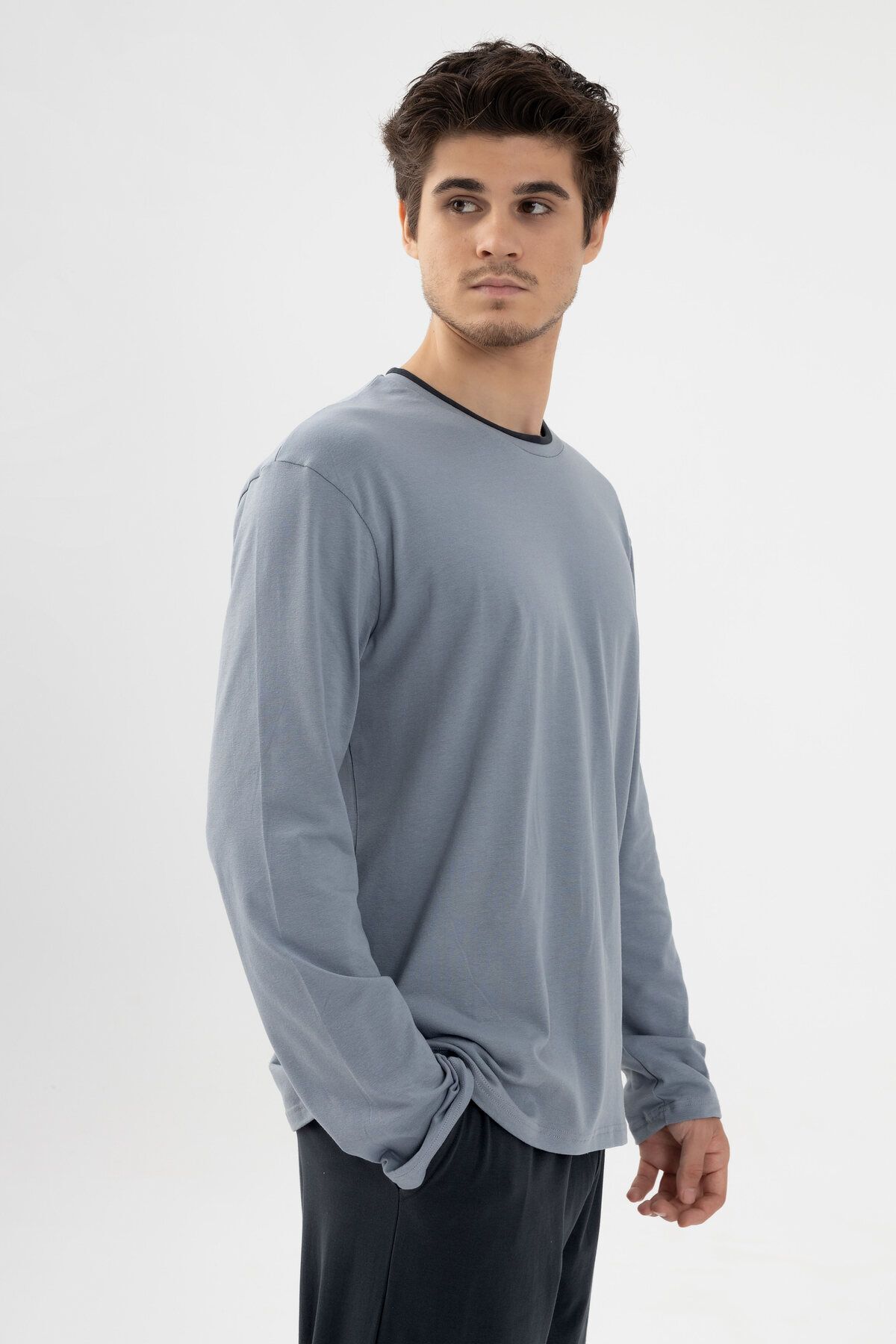 Erkek Pamuklu Double Yaka Uzun Kollu Cep Detaylı Pijama Takımı Gri - XL