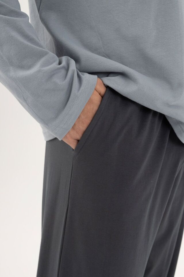 Erkek Pamuklu Double Yaka Uzun Kollu Cep Detaylı Pijama Takımı Gri - XL