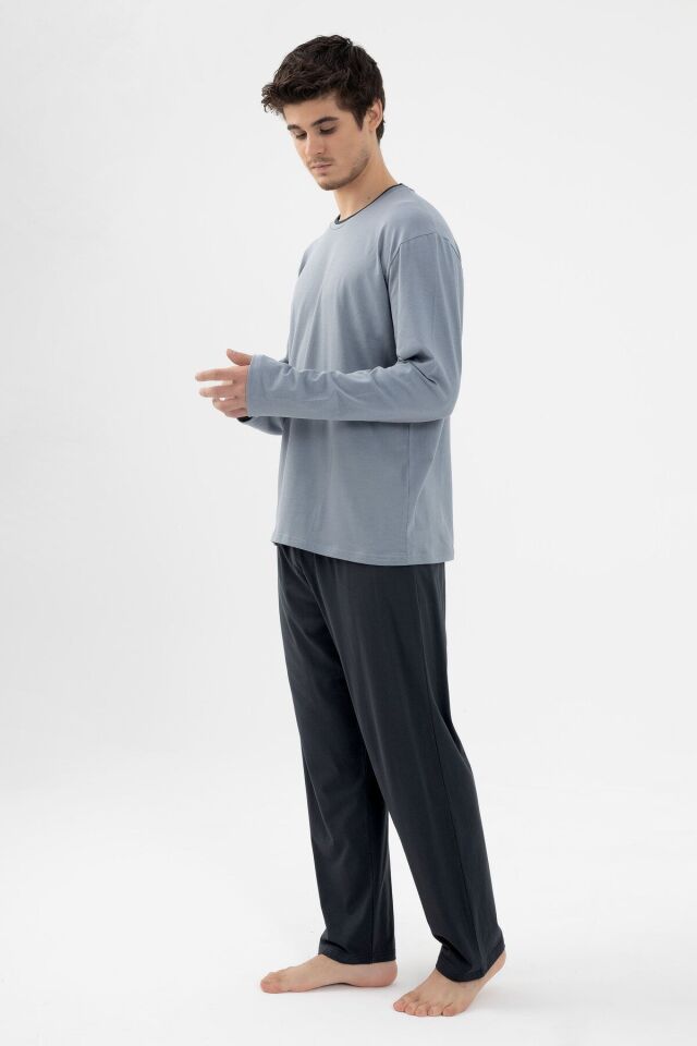 Erkek Pamuklu Double Yaka Uzun Kollu Cep Detaylı Pijama Takımı Gri - S