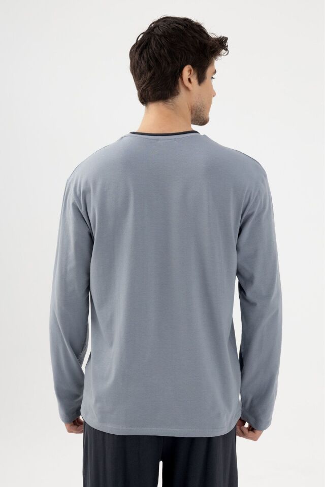 Erkek Pamuklu Double Yaka Uzun Kollu Cep Detaylı Pijama Takımı Gri - S