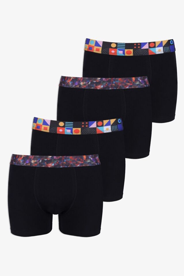 Erkek 4'lü Pamuklu Likralı Renkli Lastikli Boxer (FARKLI LASTİK SEÇENEKLERİ) 2siyah2siyahyazılılastik - XL