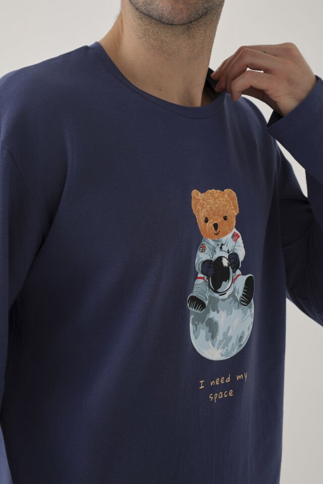Erkek Pamuklu Uzun Kollu Üst Astronot Baskılı Alt Çizgili Pijama Takımı Mavi - Beyaz - M