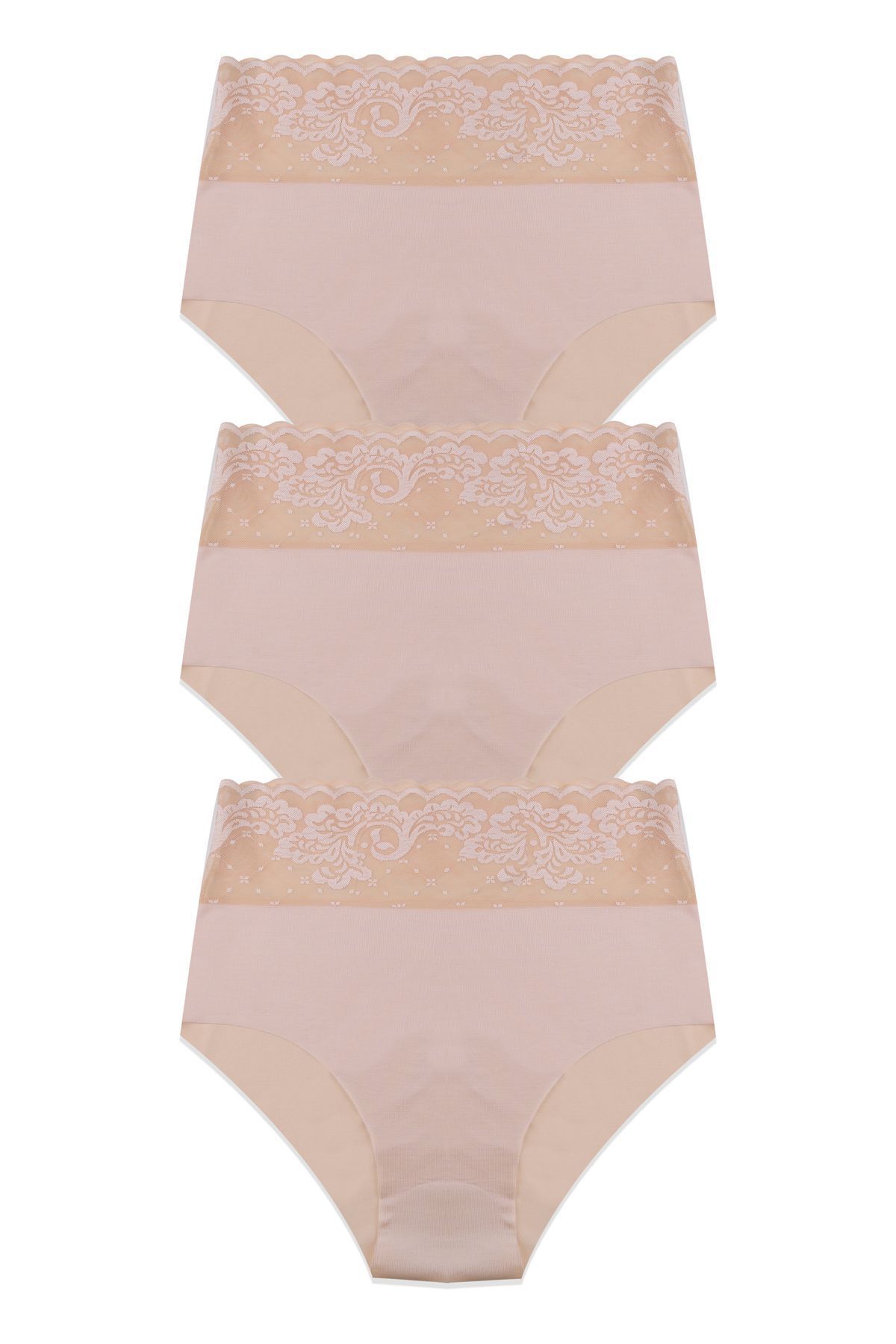 Kadın 3'lü Yüksek Bel Dantel Detaylı Külot Ten Bej - L/XL
