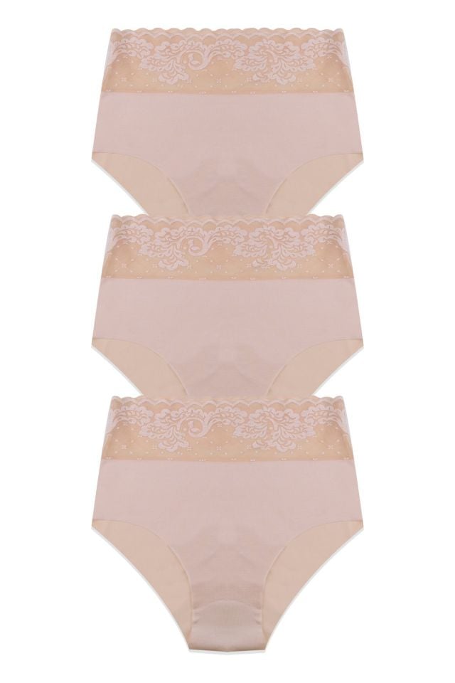 Kadın 3'lü Yüksek Bel Dantel Detaylı Külot Ten Bej - L/XL