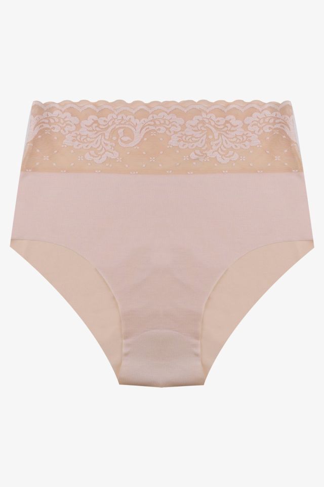 Kadın 3'lü Yüksek Bel Dantel Detaylı Külot Ten Bej - L/XL