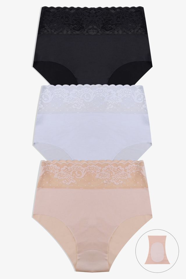 Kadın 3'lü Yüksek Bel Dantel Detaylı Külot Ten Bej - L/XL