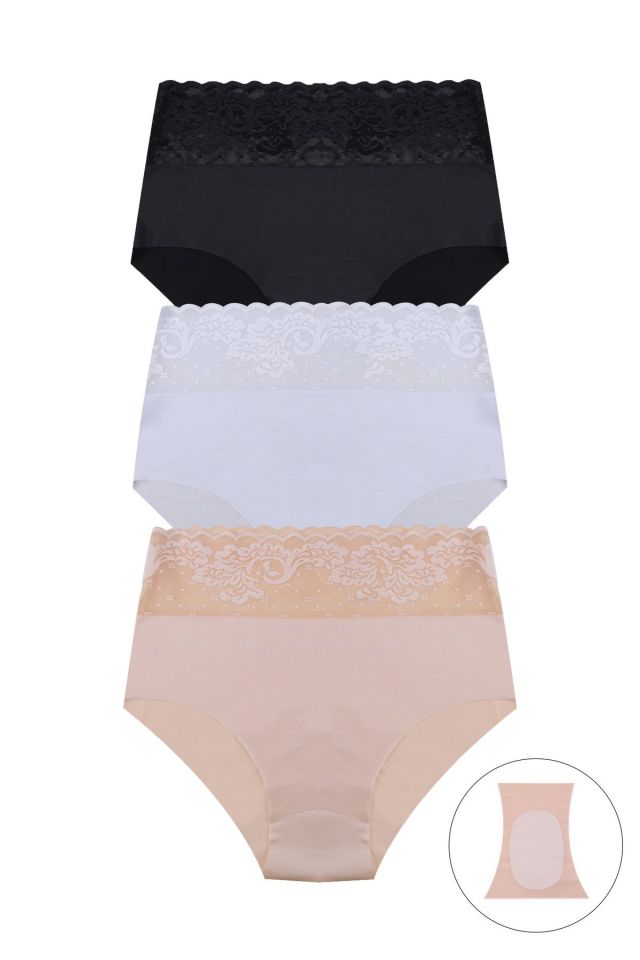 Kadın 3'lü Yüksek Bel Dantel Detaylı Külot Ten Bej - L/XL