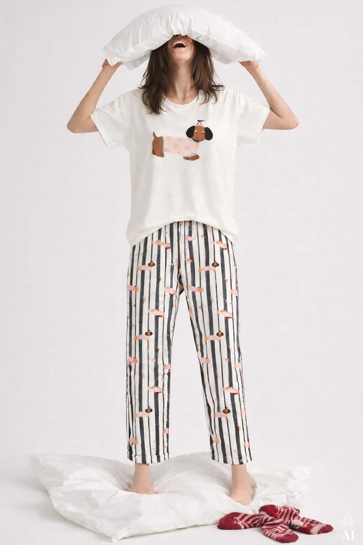 Kadın Pamuklu Renkli Köpek Baskılı Örme Pijama Takımı Ekru - Gri - XL