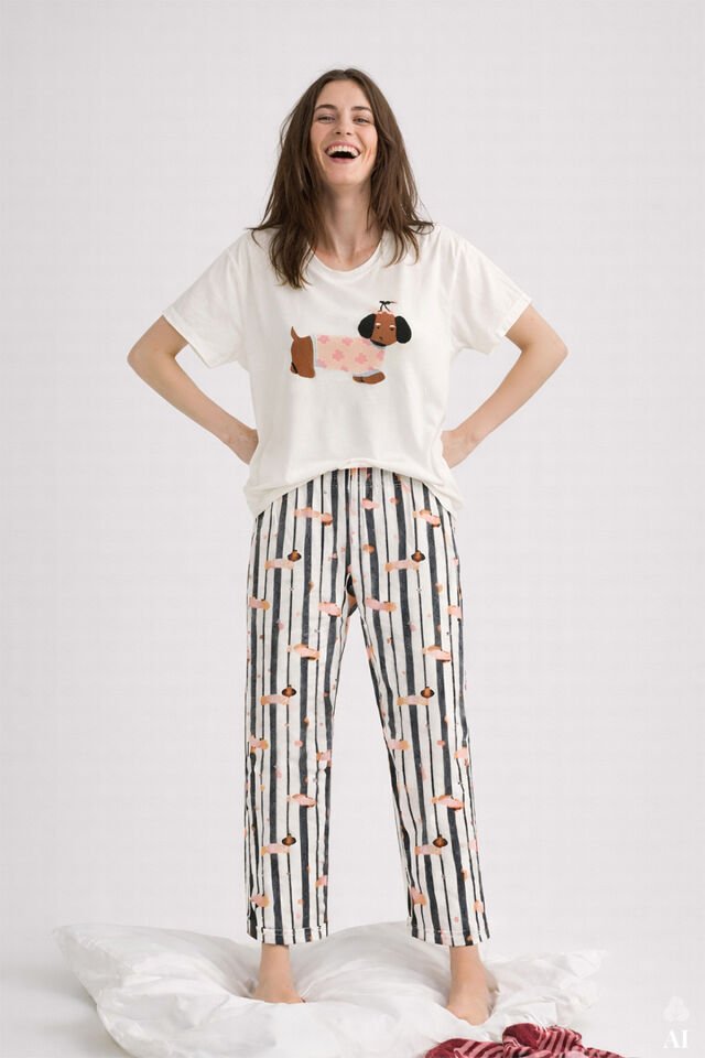 Kadın Pamuklu Renkli Köpek Baskılı Örme Pijama Takımı Ekru - Gri - XL