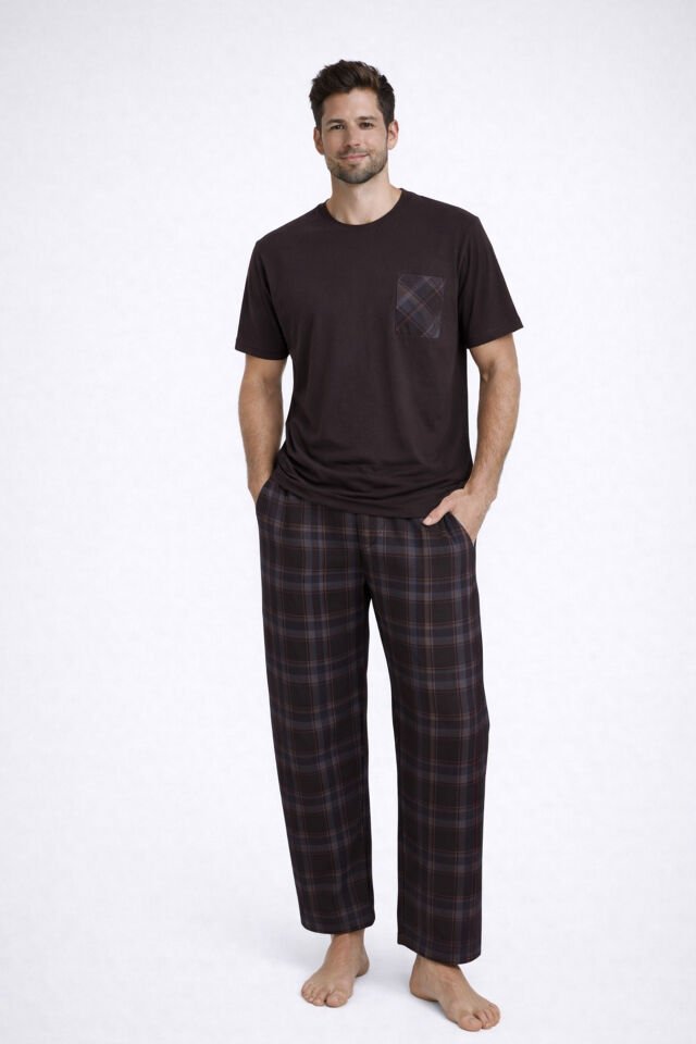 Erkek Pamuklu Üst Füme Göğüs Cepli Kısa Kollu Pijama Takımı Kahverengi - S