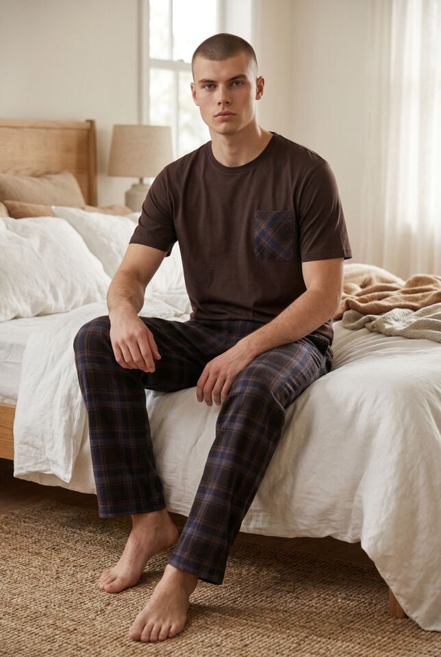 Erkek Pamuklu Üst Füme Göğüs Cepli Kısa Kollu Pijama Takımı Kahverengi - M