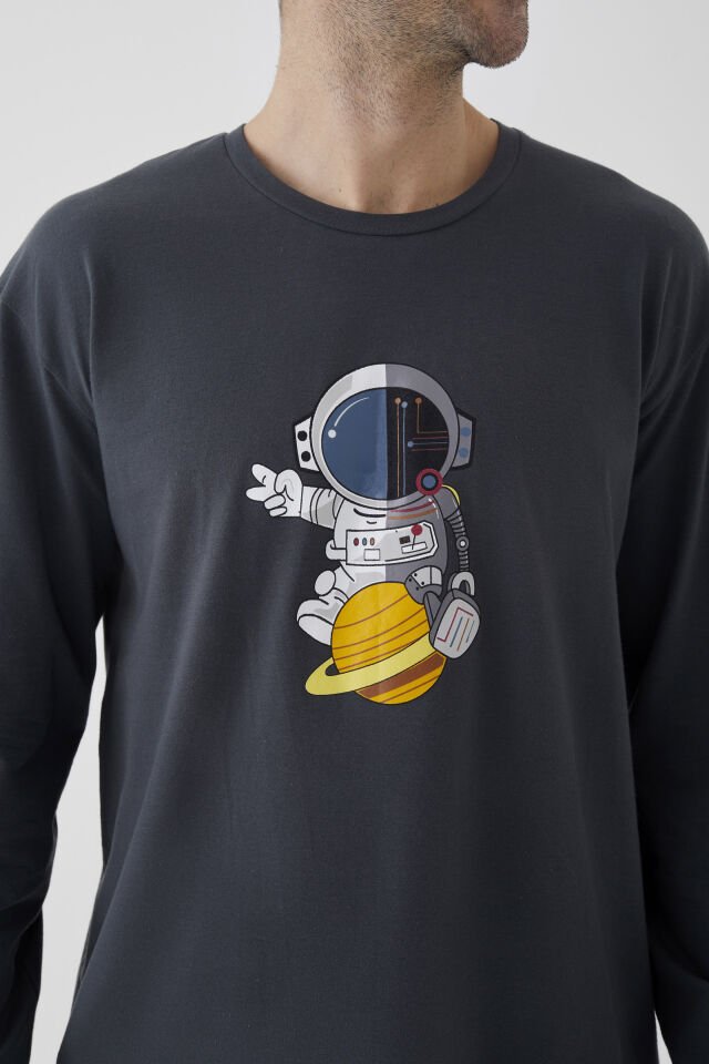 Erkek Pamuklu Uzun Kollu Üst Astronot Baskılı Alt Çizgili Pijama Takımı Gri - Beyaz - S