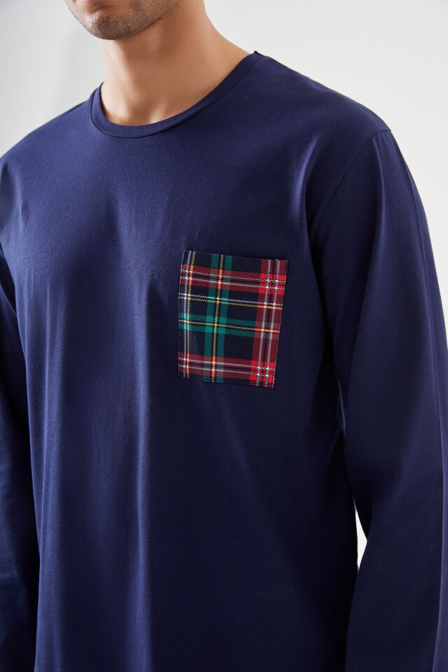 Sevgililer Günü Temalı Erkek Pamuklu Göğüs Cepli Ekose Desenli Uzun Kollu Cep Detaylı Pijama Takımı XL