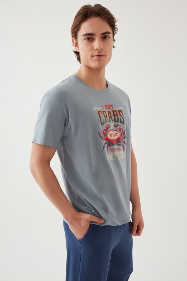 Erkek Pamuklu Kısa Kollu Baskı ve Cep Detaylı Pijama Takımı 2XL - Mavi - Turuncu