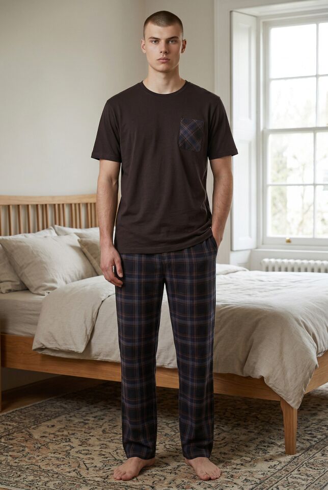 Erkek Pamuklu Üst Füme Göğüs Cepli Kısa Kollu Pijama Takımı Kahverengi - L