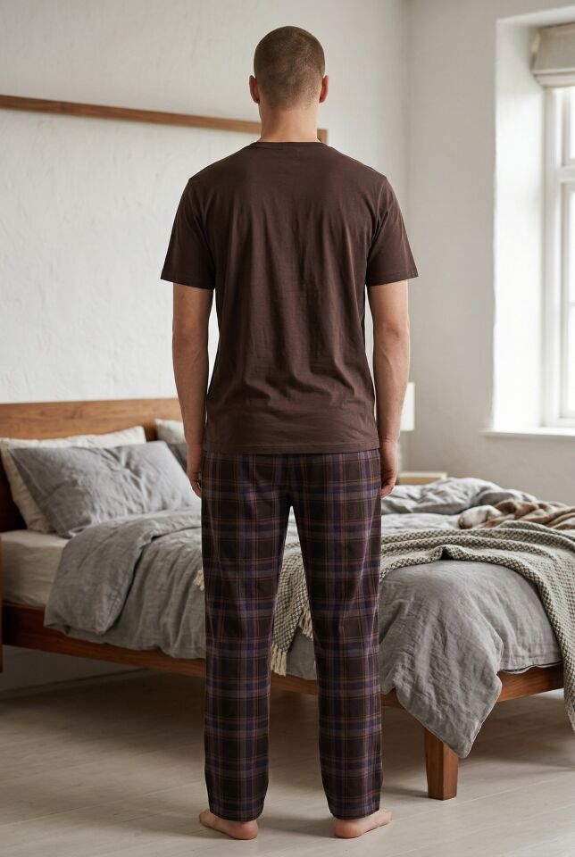 Erkek Pamuklu Üst Füme Göğüs Cepli Kısa Kollu Pijama Takımı Kahverengi - L