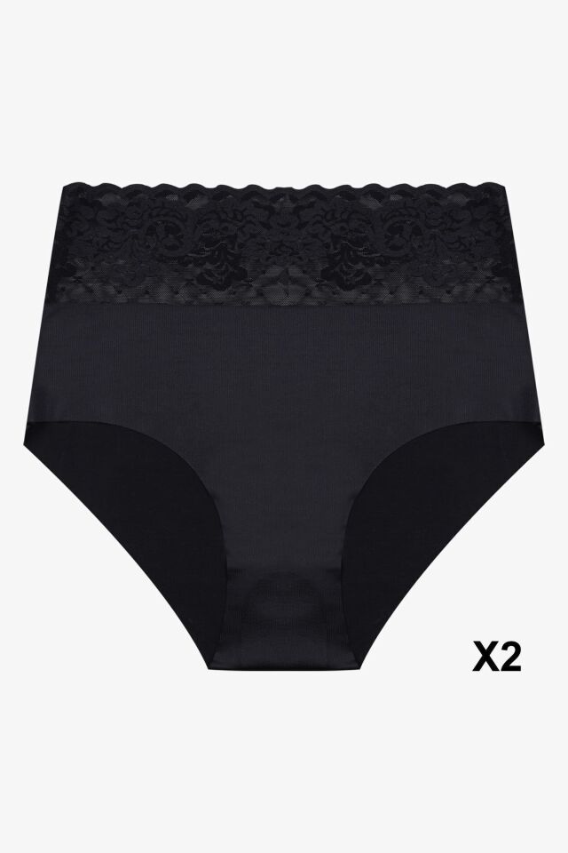 Kadın 3'lü Yüksek Bel Dantel Detaylı Külot Siyah - 2XL