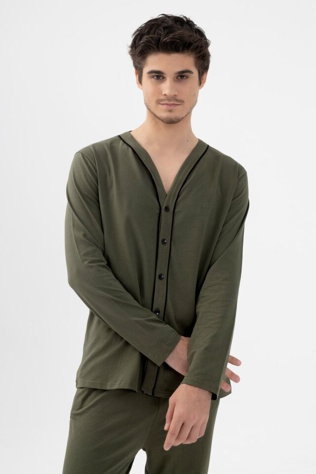 Erkek Pamuklu, Likralı, Düğmeli ve Cep Detaylı Pijama Takımı KO6301PJ-2 - M - KO6301PJ-2 - M