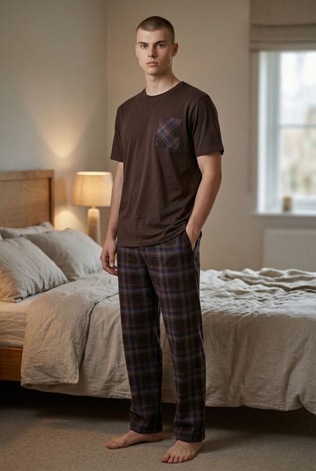 Erkek Pamuklu Üst Füme Göğüs Cepli Kısa Kollu Pijama Takımı Kahverengi - XL