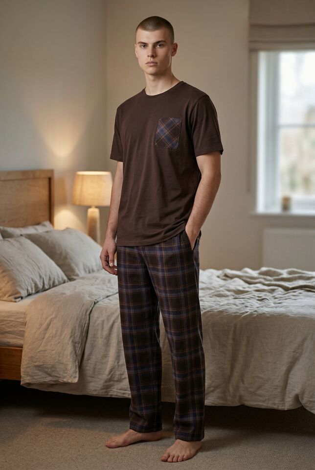 Erkek Pamuklu Üst Füme Göğüs Cepli Kısa Kollu Pijama Takımı Kahverengi - XL