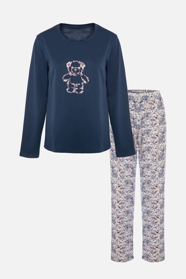 Kadın Çiçek Desenli Uzun Kollu Pijama Takımı KO70131 Çiçek Desenli - L - KO70131 Çiçek Desenli - L