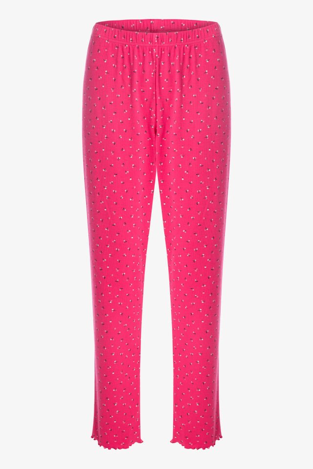 Sevgililer Günü Temalı Kadın Pamuklu Çıtır Çiçek Desenli Baby Overloklu Fiyonklu Uzun Kollu Pijama Takımı M - Fuşya