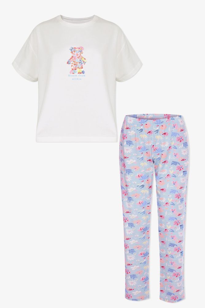 Kadın Pamuklu Mavi Çiçekli Ayıcıklı Baskılı Pijama Takımı