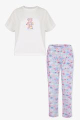 Kadın Pamuklu Mavi Çiçekli Ayıcıklı Baskılı Pijama Takımı