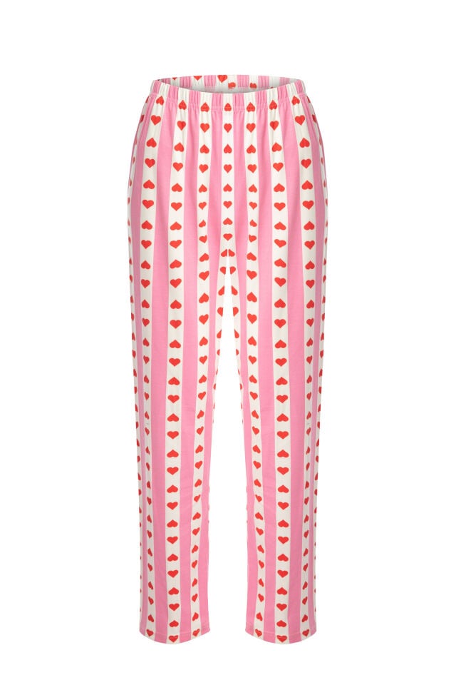 Kadın Pamuklu Kısa Kollu Kalpli Pijama Takımı S - Pembe - Ekru