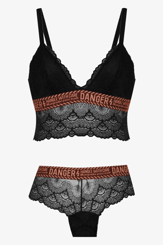 Kadın Danger Yazılı Lastikli Dantelli Büstiyer Takım 80227 Siyah - 75B - 80227 Siyah - 75B