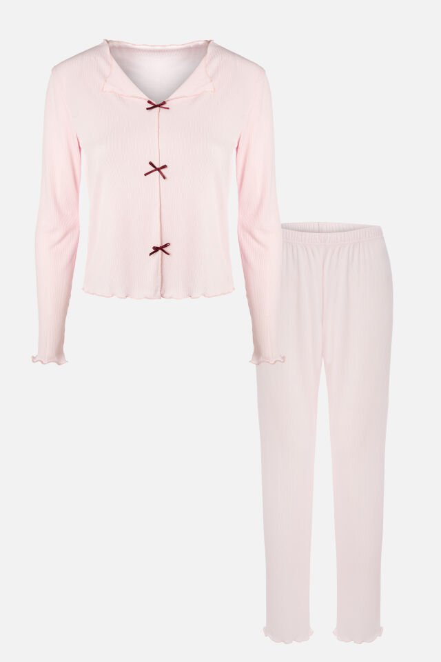 Sevgililer Günü Temalı Kadın Pamuklu Çıtır Çiçek Desenli Baby Overloklu Fiyonklu Uzun Kollu Pijama Takımı M - Pudra