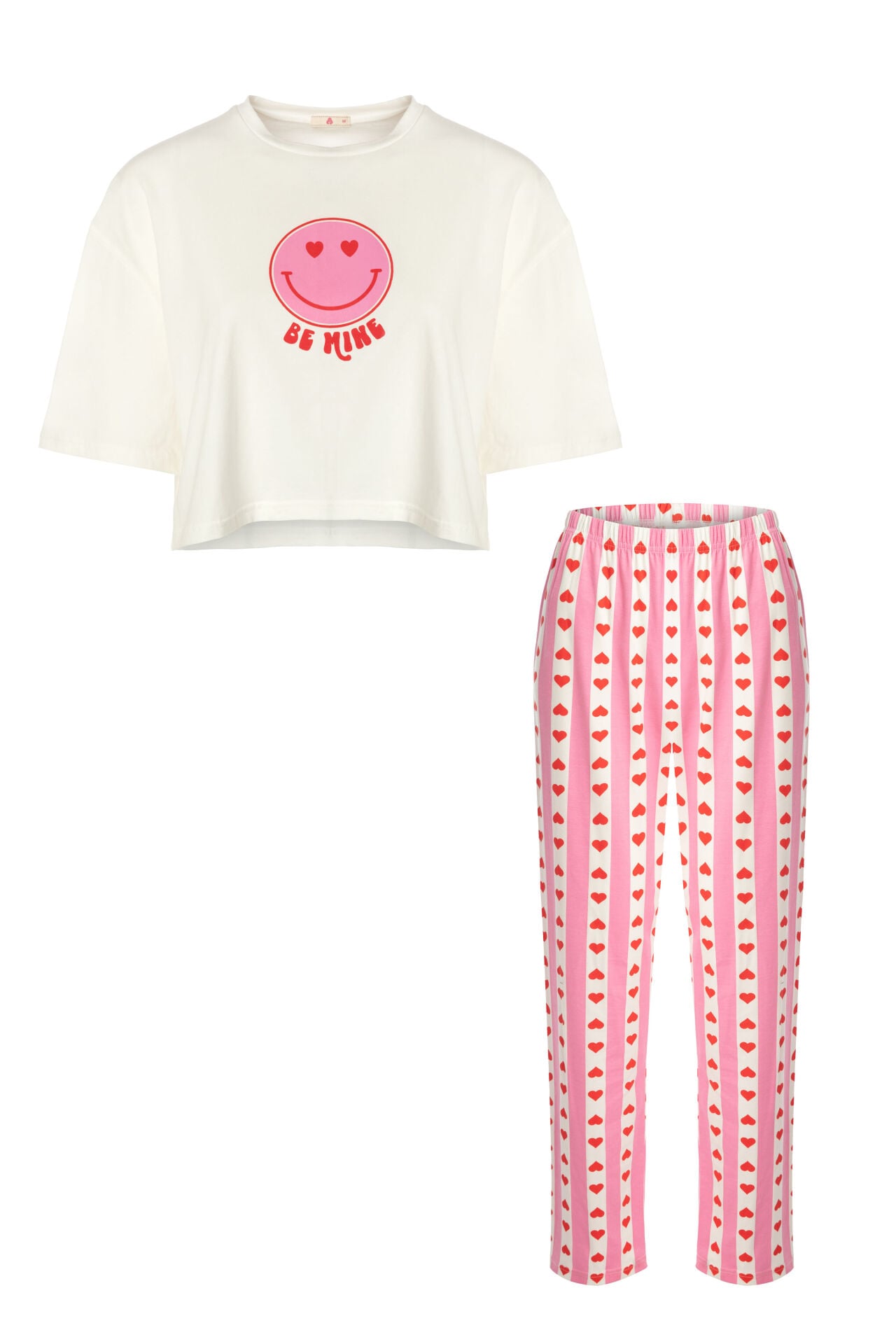 Kadın Pamuklu Kısa Kollu Kalpli Pijama Takımı XL - Pembe - Ekru