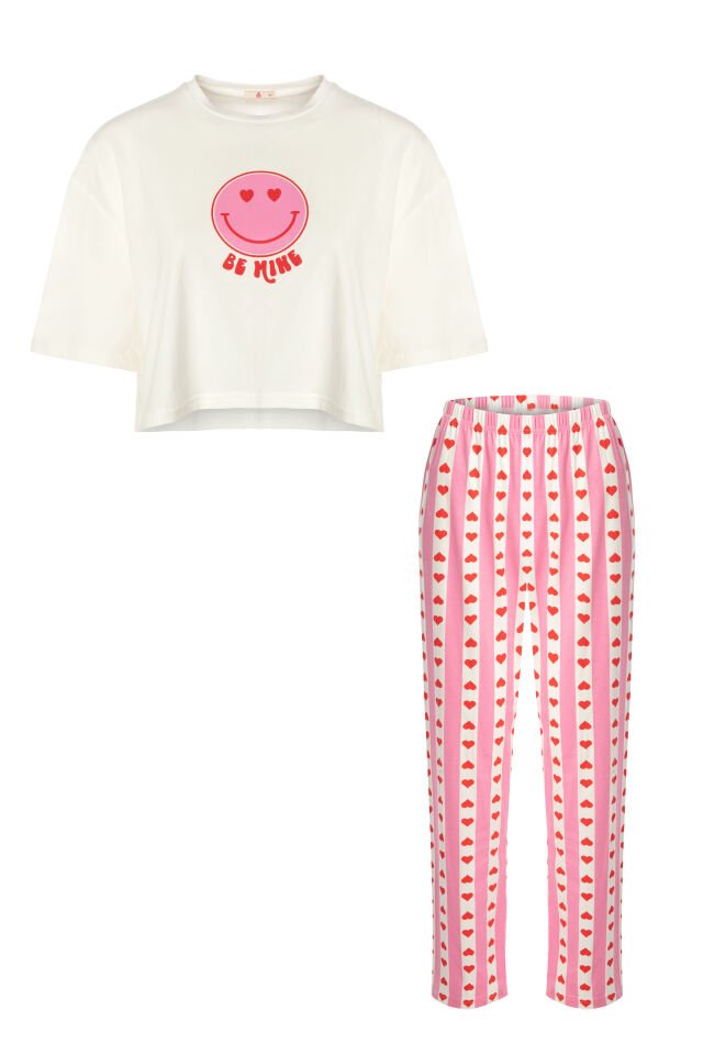 Kadın Pamuklu Kısa Kollu Kalpli Pijama Takımı XL - Pembe - Ekru