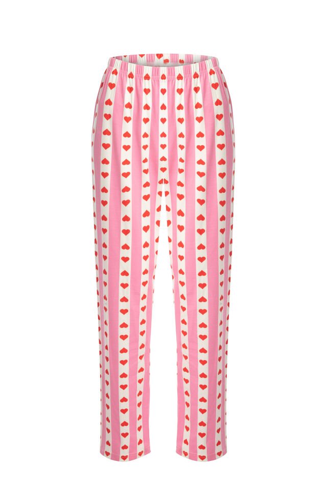 Kadın Pamuklu Kısa Kollu Kalpli Pijama Takımı XL - Pembe - Ekru