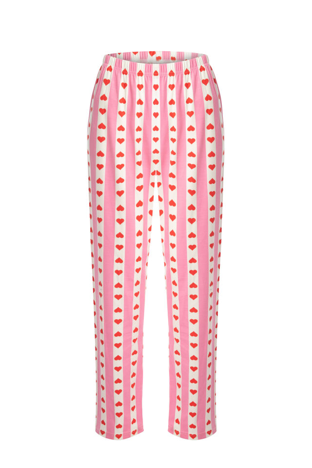 Kadın Pamuklu Kısa Kollu Kalpli Pijama Takımı XL - Pembe - Ekru