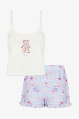Kadın Pamuklu Mavi Çiçekli Ayıcıklı Baskılı Şortlu Pijama Takımı