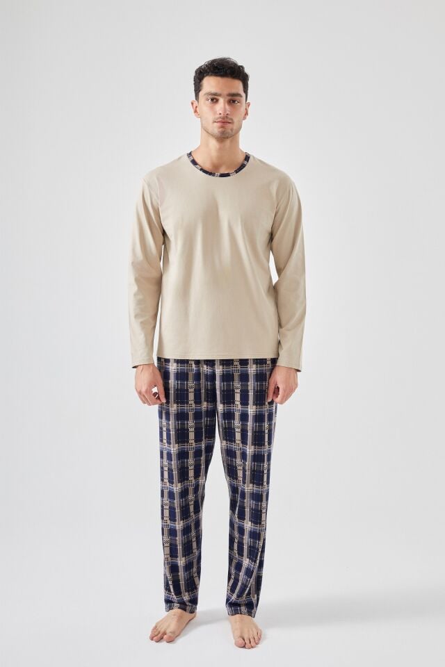 Erkek Pamuklu Uzun Kollu Ekose Desenli Cepli Pijama Takımı Krem - 2XL