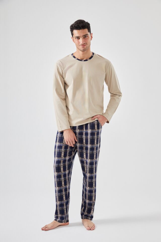 Erkek Pamuklu Uzun Kollu Ekose Desenli Cepli Pijama Takımı Krem - 2XL