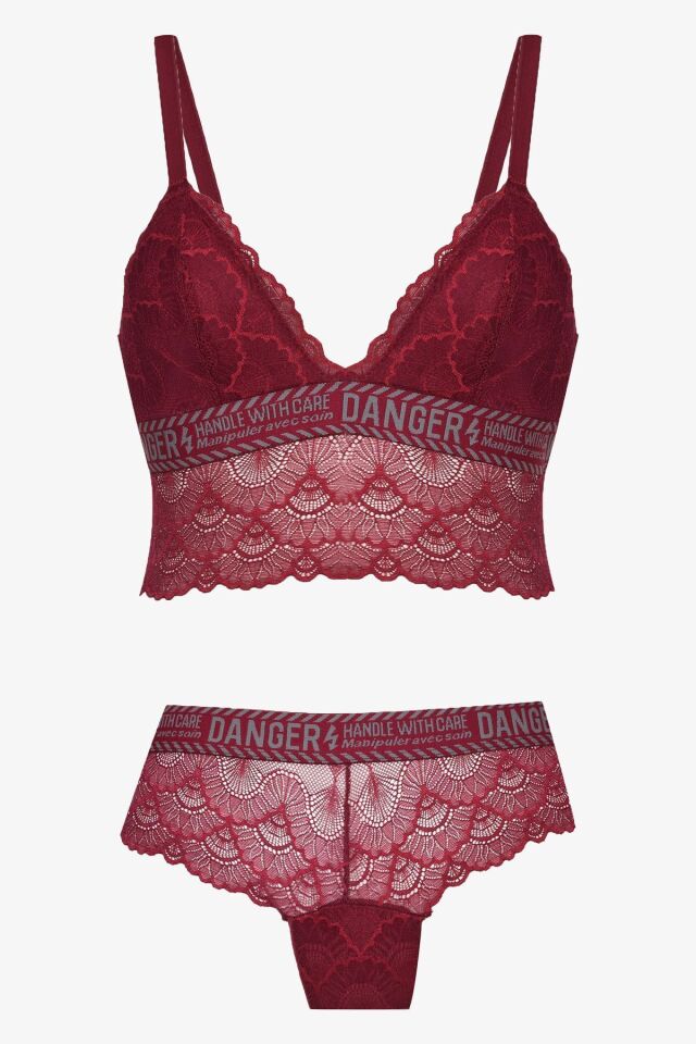 Kadın Danger Yazılı Lastikli Dantelli Büstiyer Takım 80227 Bordo - 85B - 80227 Bordo - 85B